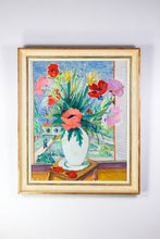 Load image into Gallery viewer, oil painting bouquet of flowers at open window unsigned 1950s