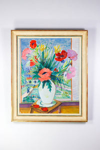 oil painting bouquet of flowers at open window unsigned 1950s