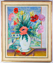 Load image into Gallery viewer, oil painting bouquet of flowers at open window unsigned 1950s