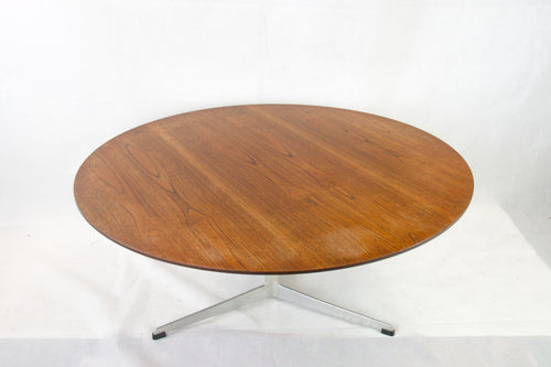 Teak coffee table on three legged aluminium base by Arne Jacobsen for Fritz Hansen