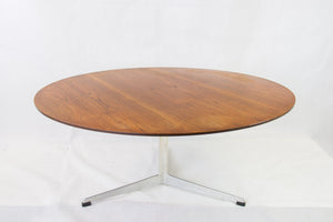 Teak coffee table on three legged aluminium base by Arne Jacobsen for Fritz Hansen