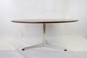 Teak coffee table on three legged aluminium base by Arne Jacobsen for Fritz Hansen